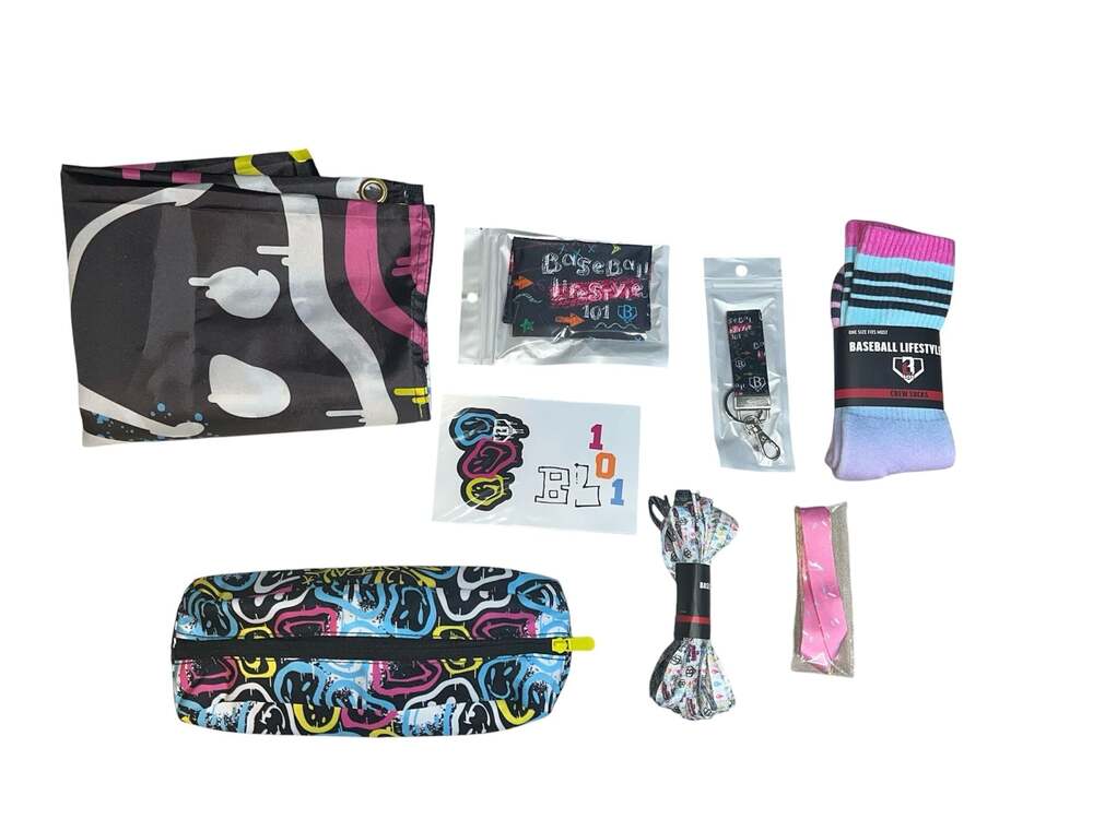 Baseball Graffiti Smiley Face Accessory Bundle - Banner, Socks, Pouch, Laces